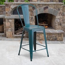 4pc Bar Stools Kelly Blue Distressed Metal Indoor Outdoor Counter High Stool