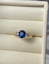 Sapphire And Diamond Three Stone Ring In 18 Carat Gold Ring ~ Size O