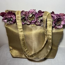Floral Handbag Gold Fabric Iridescent 31cm X 23cm Matching Lipstick Case