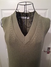 ZARA Ladies Long Ribbed Dark Green Jumper Dress No Sleeves V Neck Size Medium M