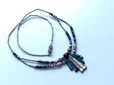 Mother Of Pearl Shell Abalone Bead Bib Style Necklace Silver Tone Tube Chain 