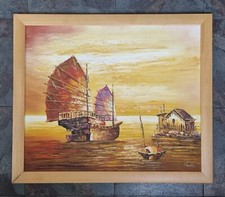 Vintage Framed Oil Painting - Seascape of Chinese Junk Boat & Sea Hut at Sunset
