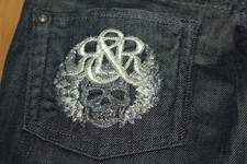 ROCK & REPUBLIC Y2K SKULL DIMONTE BLUE/BLACK LOW RISE SKINNY JEANS Sz 28 TALL