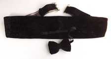 Vintage 1960s 1970s Cummerbund and Ready Tied Bow Tie Set Black Crushed Velvet