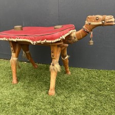 Vintage Camel Stool, Mid Century Wood And Leather Hand Carved MCM Very Old