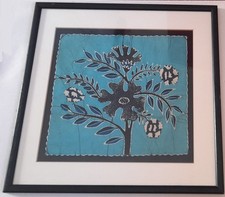 Batik Hand Dyed Floral Fabric Art. Turquoise. Framed & Mounted.