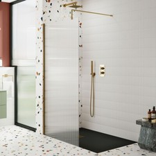 Fluted 1000mm Wetroom Screen & Support 8mm Glass Brushed Brass Bathroom Walk-In