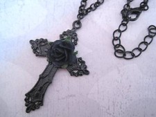 ORNATE BLACK Gothic CROSS BLACK ROSE 20" Chain Necklace Madonna Halloween