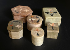 Collection of 6 Soapstone Trinket Boxes With Mother of Pearl Inlay