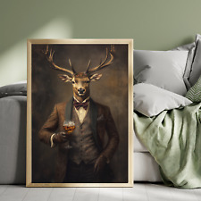 Stag at the Bar print, Stag Drinking Whiskey poster, Vintage Painting Style Port