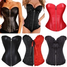 Women Lace Up Lingerie Cincher Corset Top Zip Bustier G-String Basque Steampunk