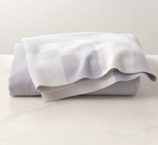Crate & Barrel "Check Iced Blue" Reversible, 100% Merino Wool 50x70 Blanket, NWT