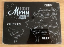 Black Glass Chopping Board - Meat Menu 1889 - Chicken /Pork / Beef - Distressed