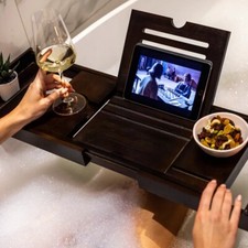 Bamboo Bath Tray Foldable Bathroom Adjustable Wine Tablet Holder Wooden Board