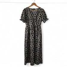 F&F Women's Black Beige Print Midi Dress Summer Smock Dress Size M
