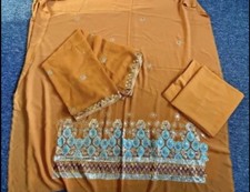 3pc Indian Pakistani Suit Salwar Kameez Orange Gold Blue upto 22 Unstitched Eid