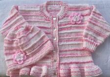 HAND MADE KNITTED GIRLS  PINK  /WHITE FRILLED CARDIGAN AND  HAT  Age 2-3 Years