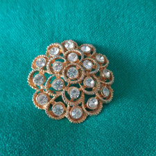 Brooch Round Gold Tone Diamantes Roll Clasp Closure