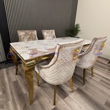 Louis Gold 180cm x 90cm Cream Marble Dining Table and 4 Beige Lion Knocker Chair