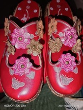Ladies Red Floral Faux Leather Mules Size 7.5