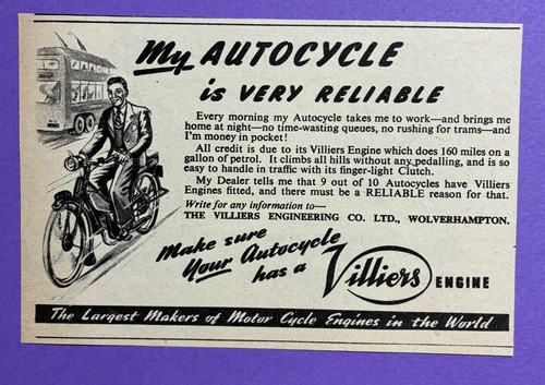 Villiers autocycle advert - villiers, 1950