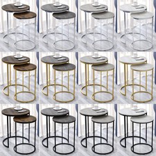 2Pc Round Nesting Stackable Sofa Side Bedside End Table Set Wood Top Metal Legs