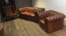chesterfield suite 3 seater Queen Ann & club chairs in very rare tan leather 