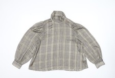 Zara Women Beige Check High Neck Puff Sleeve Tunic Blouse XL