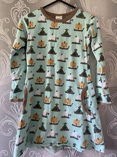 Maxomorra Kids Blue Brown Boat Dress With Pockets 7-8 Years