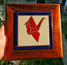 Mid-Century Modern Enamel Origami Crane – Koa Wood Frame