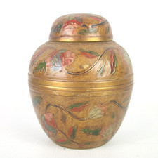 Vintage Cloisonne Brass & Enamel Ginger Jar Floral Print Lidded Urn 13cm - EHB