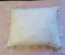 Vintage Lace Edged Embroidery Anglaise Cotton Cushion 19x15 Inch Plus Lace Edge