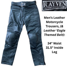 Rayven BLACK Leather Motorcycle Trousers, Knee Armour 34" W x 31.5" Leg + A Belt