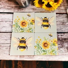 Set of 4 Ceramic Square Coaster Set Bees & Flowers Cork Backed 7SB130