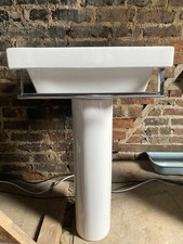 White Ceramic Pedestal Bathroom Sink Large Square Built In Towel Rail