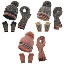 3Pcs Womens Mens Adults Thick Knit Hat Scarf  and Gloves Set Knitted Winter UK