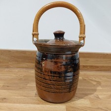 Vintage Studio Pottery Biscuit Barrel With Lid And Wooden Handle Brown Black