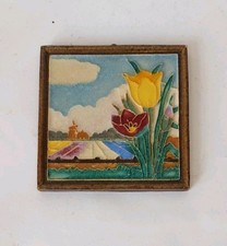 Vintage Delft Ceramic Tile Foreground Tulips on Field &Windmill background. 