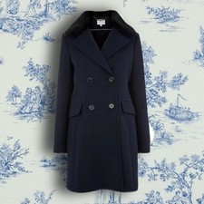Warehouse Swing Faux Fur Collared Coat Navy Blue Size 12 Excellent Condition