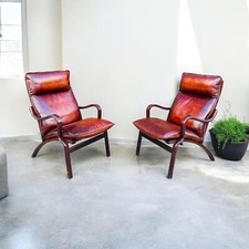 Fantastic Pair of Vintage Danish Deep Cognac Leather Bentwood Armchairs #A508