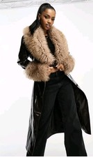 Urban Code London Brown Patent Vinyl Pvc belted shiny trench coat fur trimmed