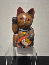 Vintage Maneki Neko Wooden Waving Cat Business Prosperity and Money Luck (J5)