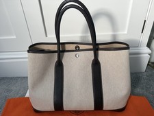 Hermes Garden Party 36 Bag Twill Canvas, Dark Brown Leather