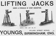 YOUNGS Birmingham; Screw/Hydraulic Lifting Jacks-Antique Engineering Advert 1909