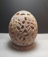 Soapstone Carved Tealight Candle Holder - Egg Shaped Sphere On Stand