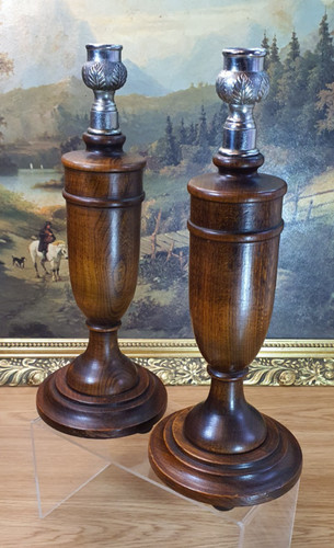 Antique oak candle holders - oak,