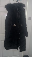 River Island Black Long Parka Coat Faux Fur Hood