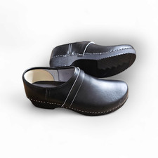 black wooden clogs closed back