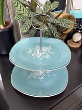 Midwinter Stylecraft Blue Floral Two Tier Cake Stand 1960s Staffordshire Vintage