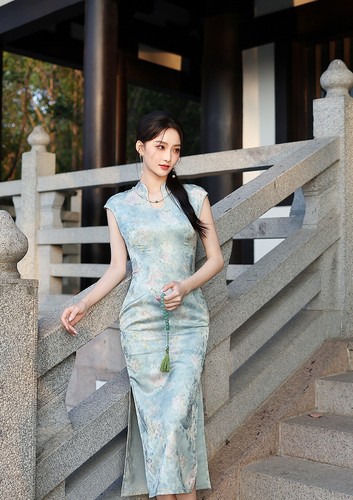 Light green floral qipao - qipao, dress